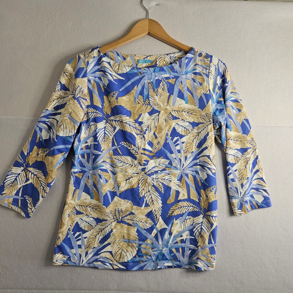 J.McLaughlin Catalina Cloth Wavesong Tropical Boatneck Top 3/4 Sleeve Button L